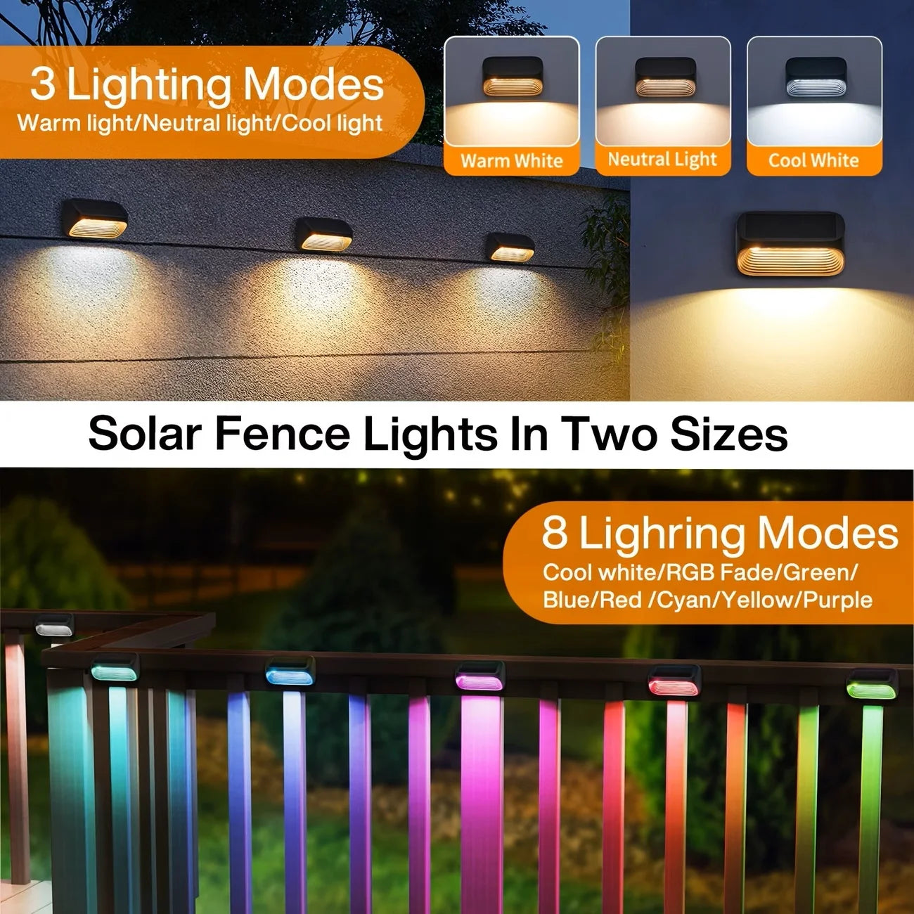Solar Outdoor Wall Fence Light With Warm White Rgb Led