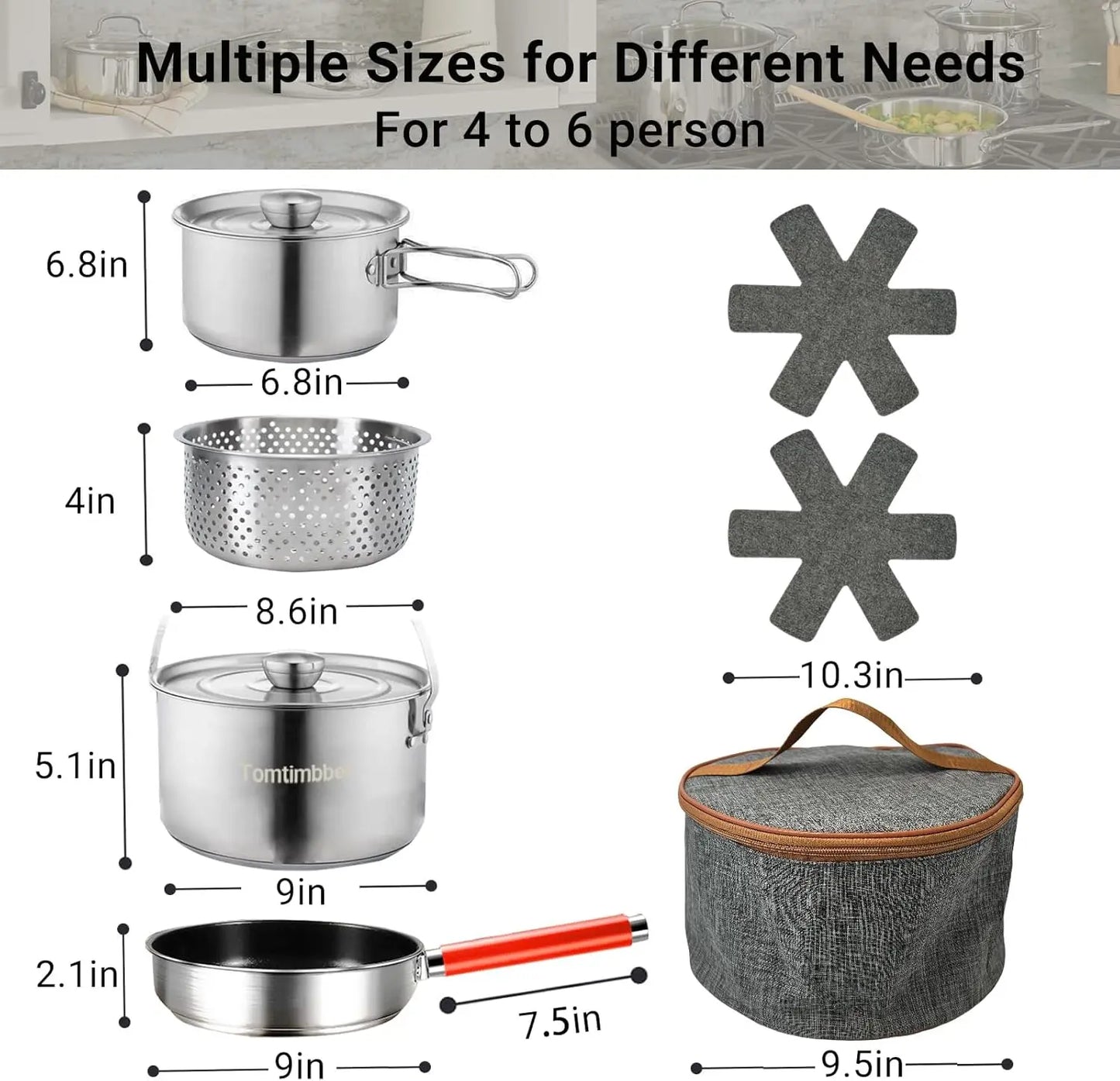 Ytyin 304 Stainless Steel Camping Cookware Set With Travel Bag