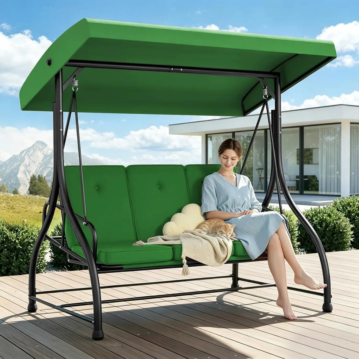 Outdoor Three Seat Patio Swing With Adjustable Canopy And Cushions