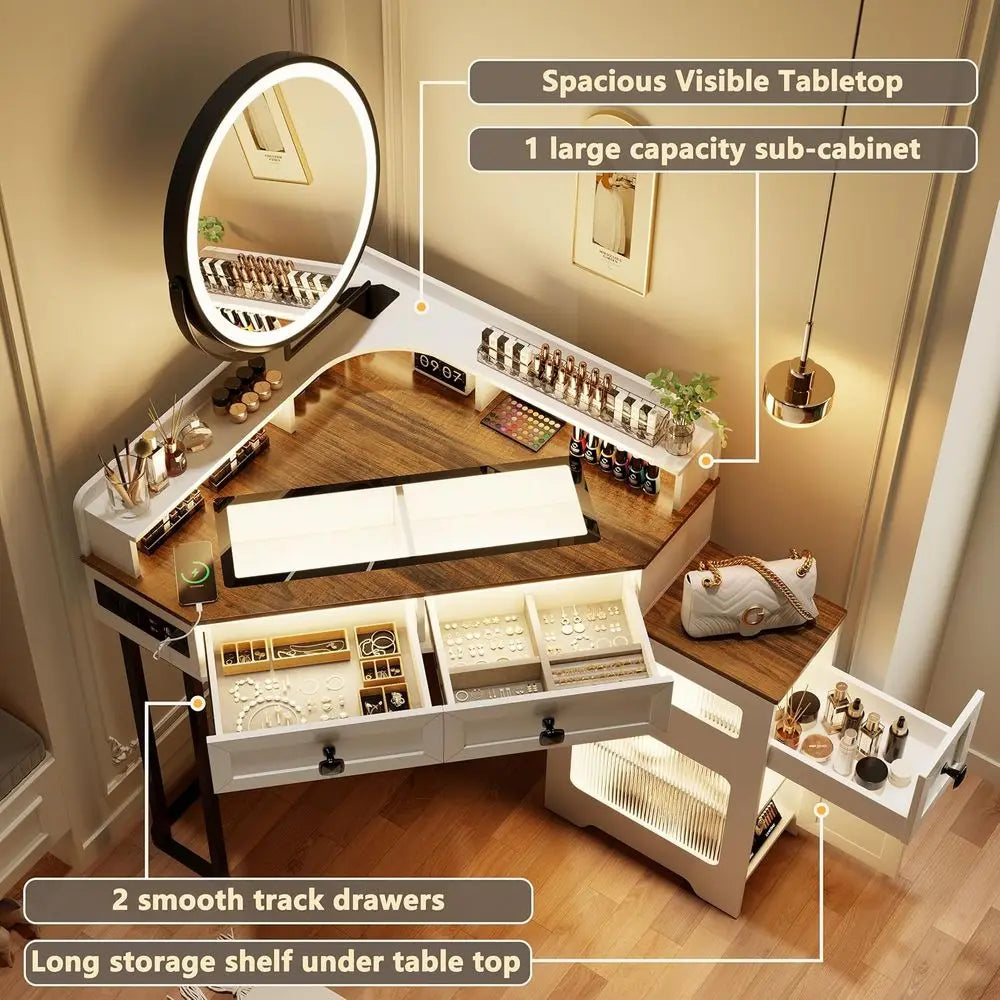 Modern Vanity Desk With Lighting And Charging Station For Makeup