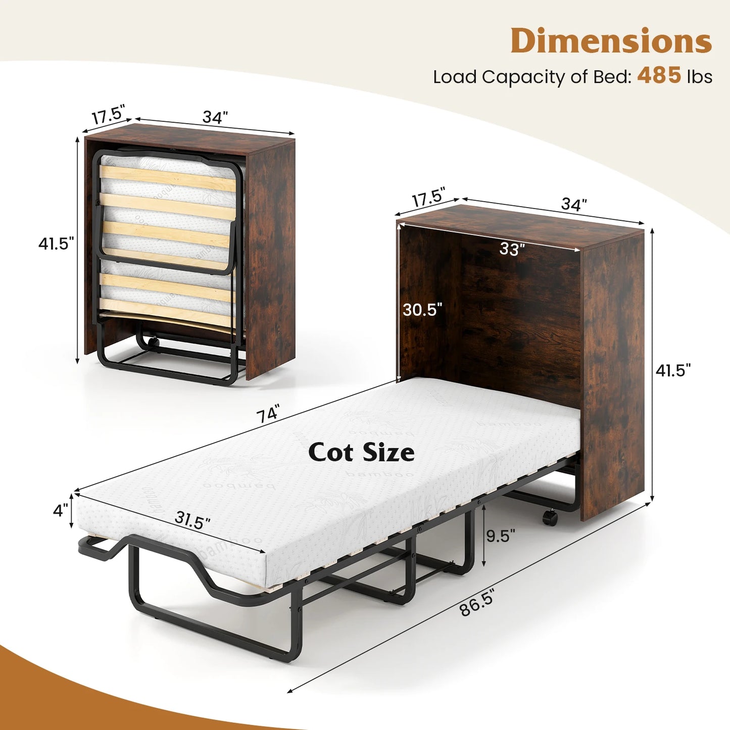 HOMASIS Murphy Bed With Storage Rolling Cabinet