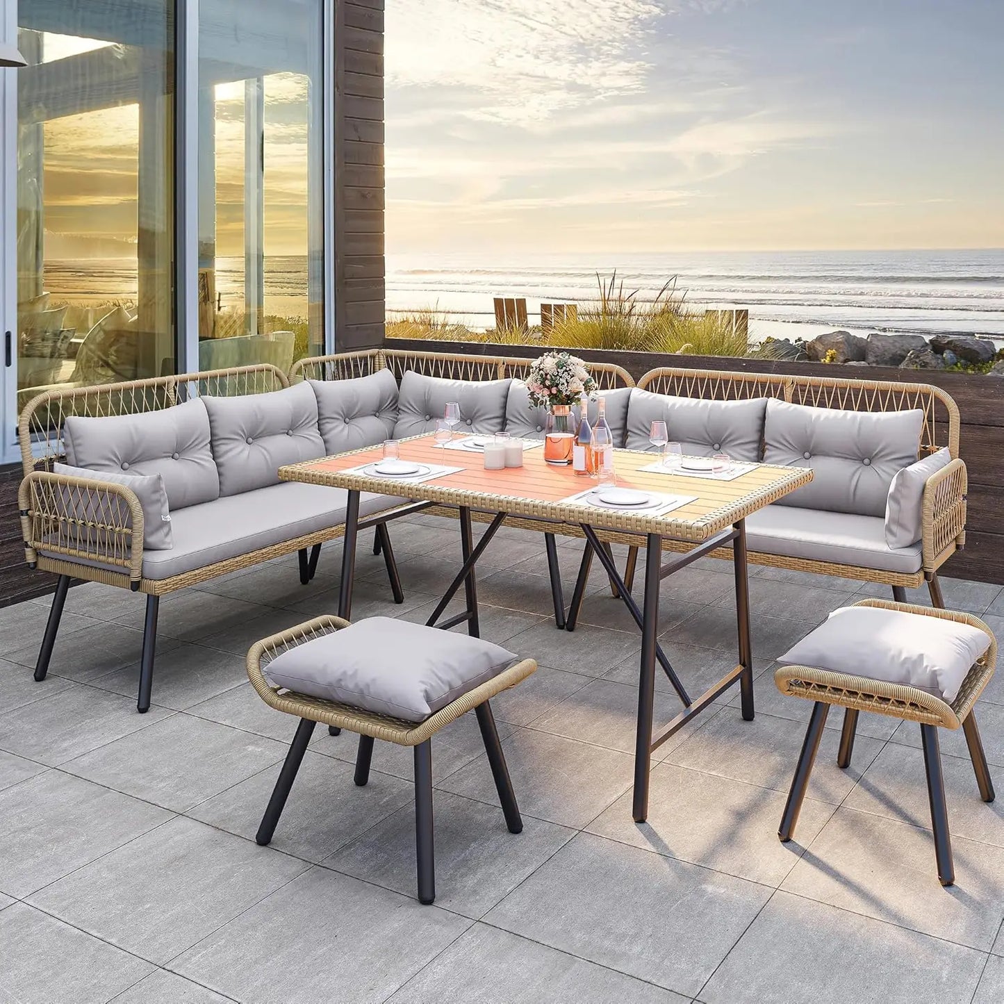Patio Wicker L Shaped Outdoor Conversation Sofa Set With Cushions