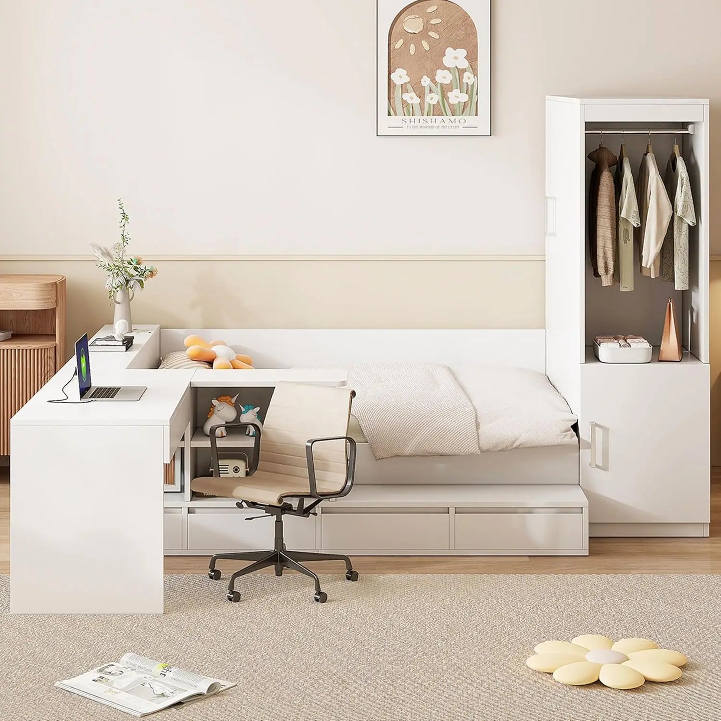 Daybed With Desk, Cabinet And USB Charging Storage