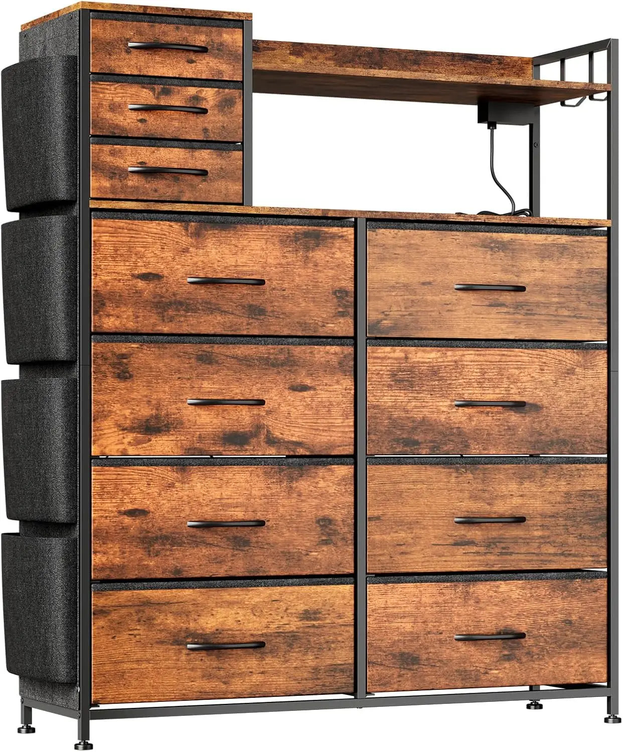 Storage Dresser With 11 Fabric Drawers, LED Lights, Wood Top