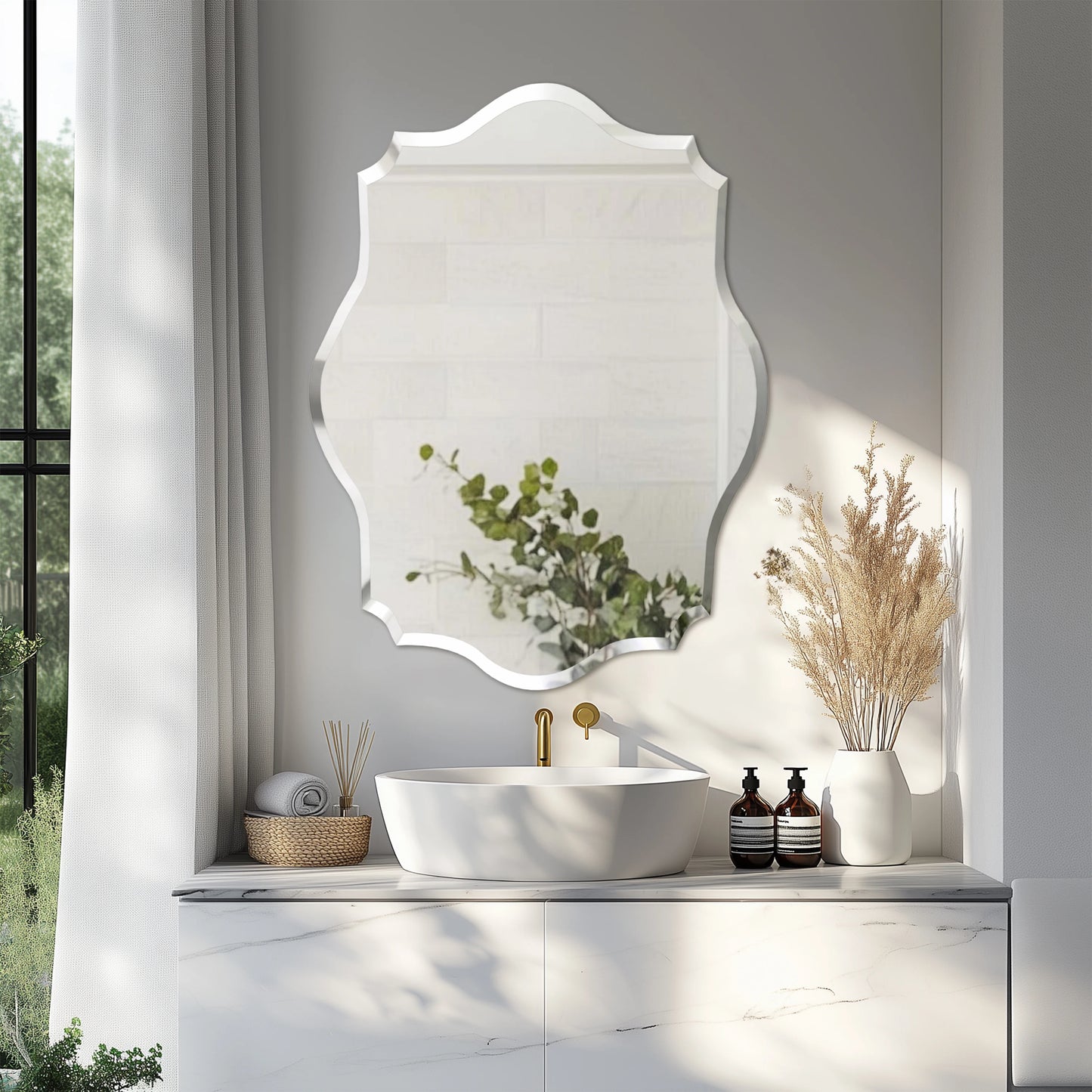 Wisfor Wall Mirror Scalloped Frameless Beveled Edge For Bathroom Vanity