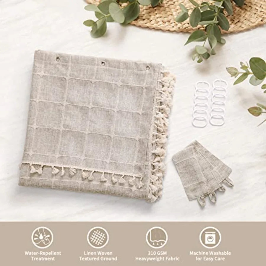 Boho Double Swag Shower Curtain Polyester Linen Farmhouse Bathroom Decor