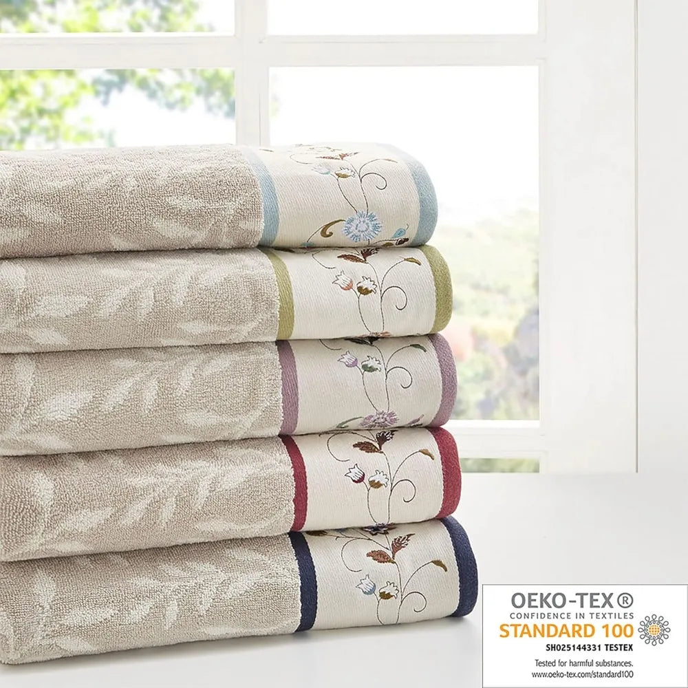 100 Percent Cotton Bath Towel Set With Floral Embroidered Jacquard