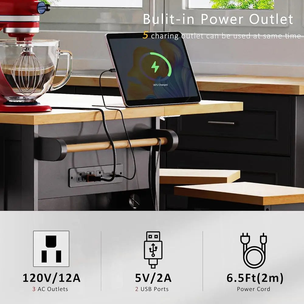 Rolling Kitchen Island With Power Outlet And Drop Leaf Storage Cabinet