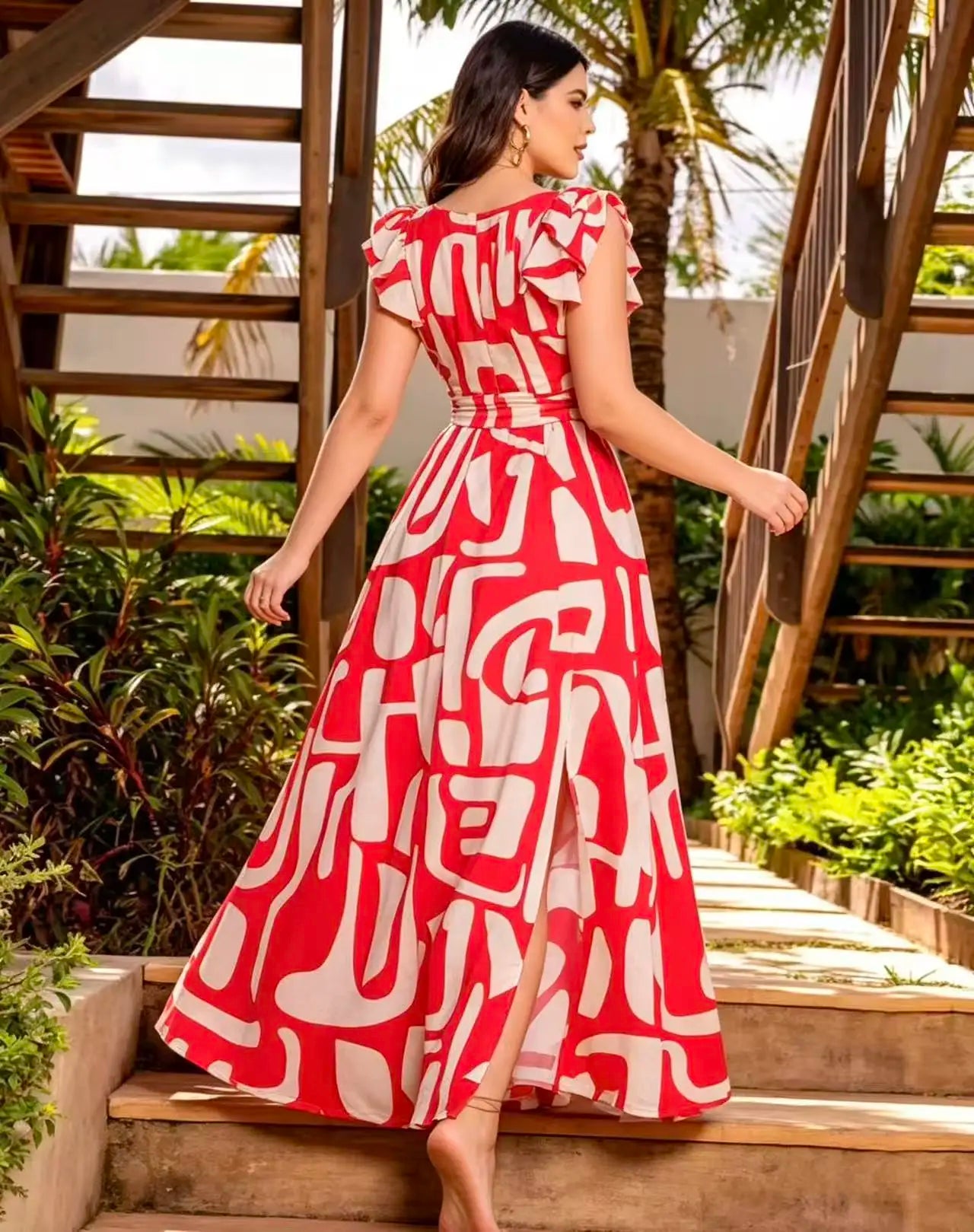 Elegant Sleeveless Geometric Print Maxi Dress Side Bow Summer Vacation