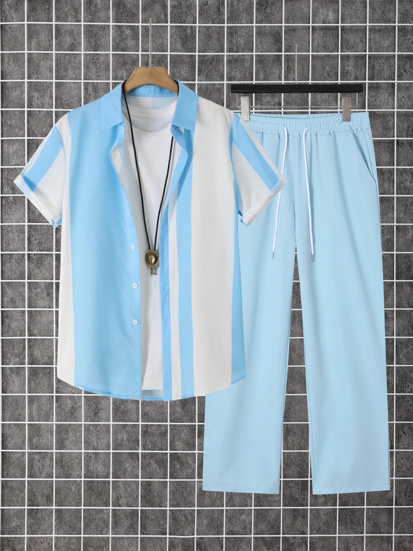 Men's Summer Printed Short Sleeve Shirt Pants Set Polyester Clothing