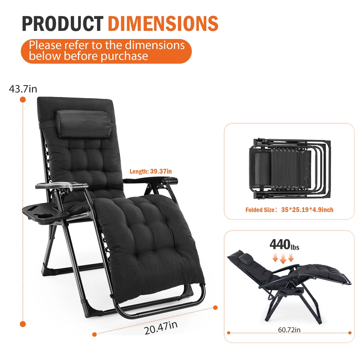 JHK Zero Gravity Reclining Camping Lounge Chair With Tray