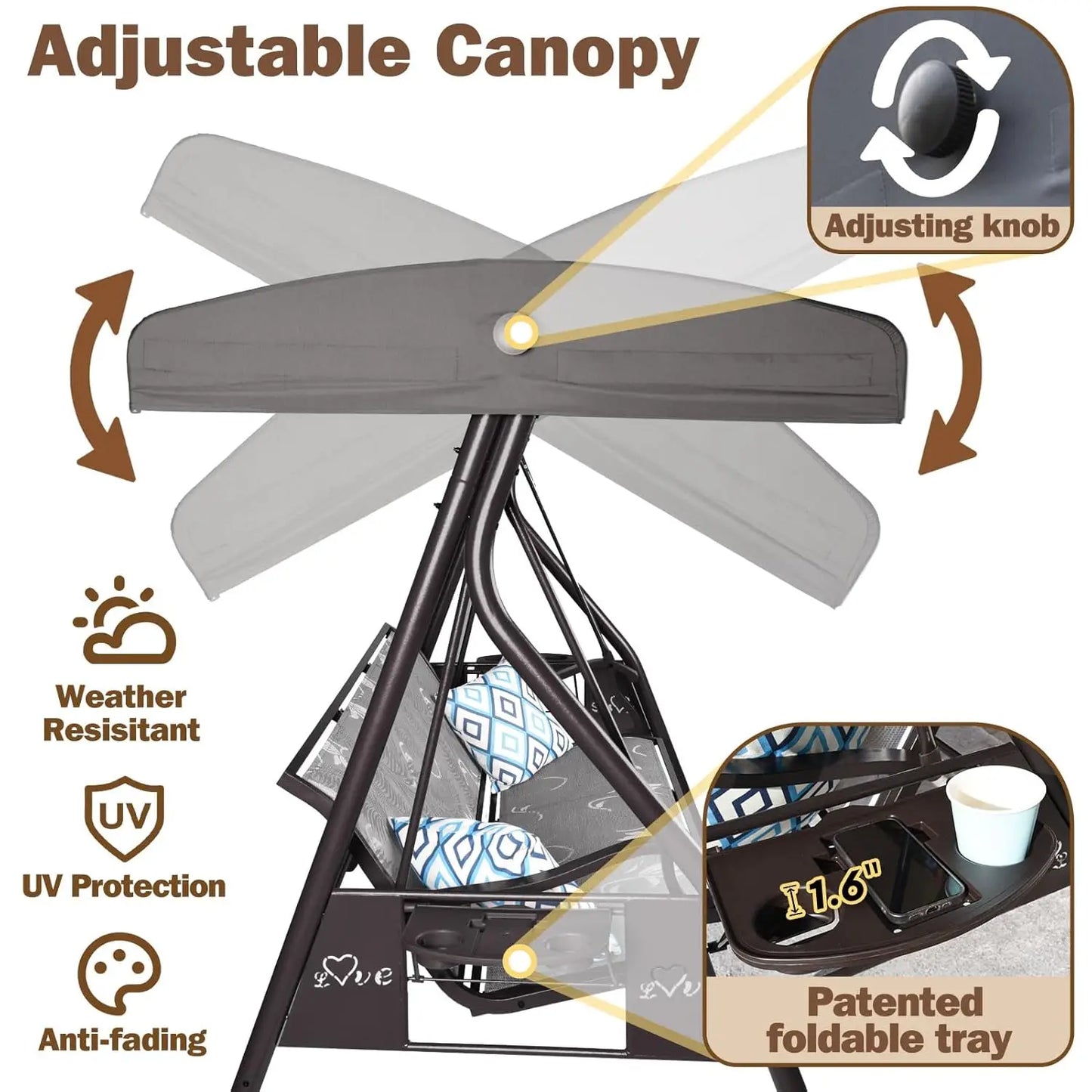 Outdoor 3-Seat Patio Swing Chair With Adjustable Cup Holders