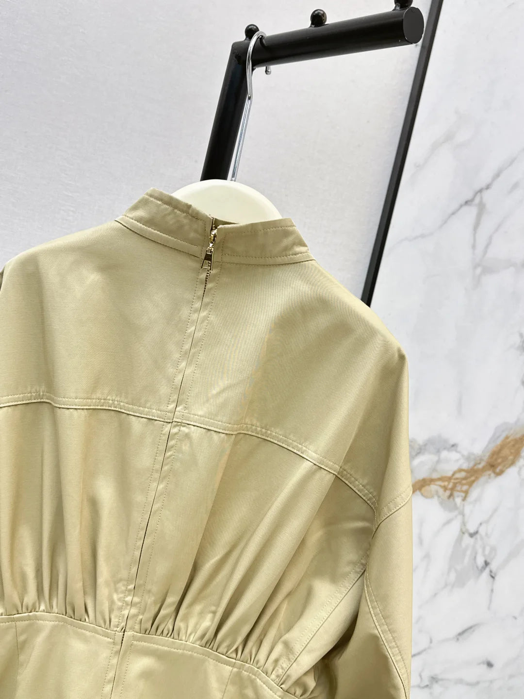 Women Long Sleeve Stand Collar Pleated Waist Cotton Zipper Dress