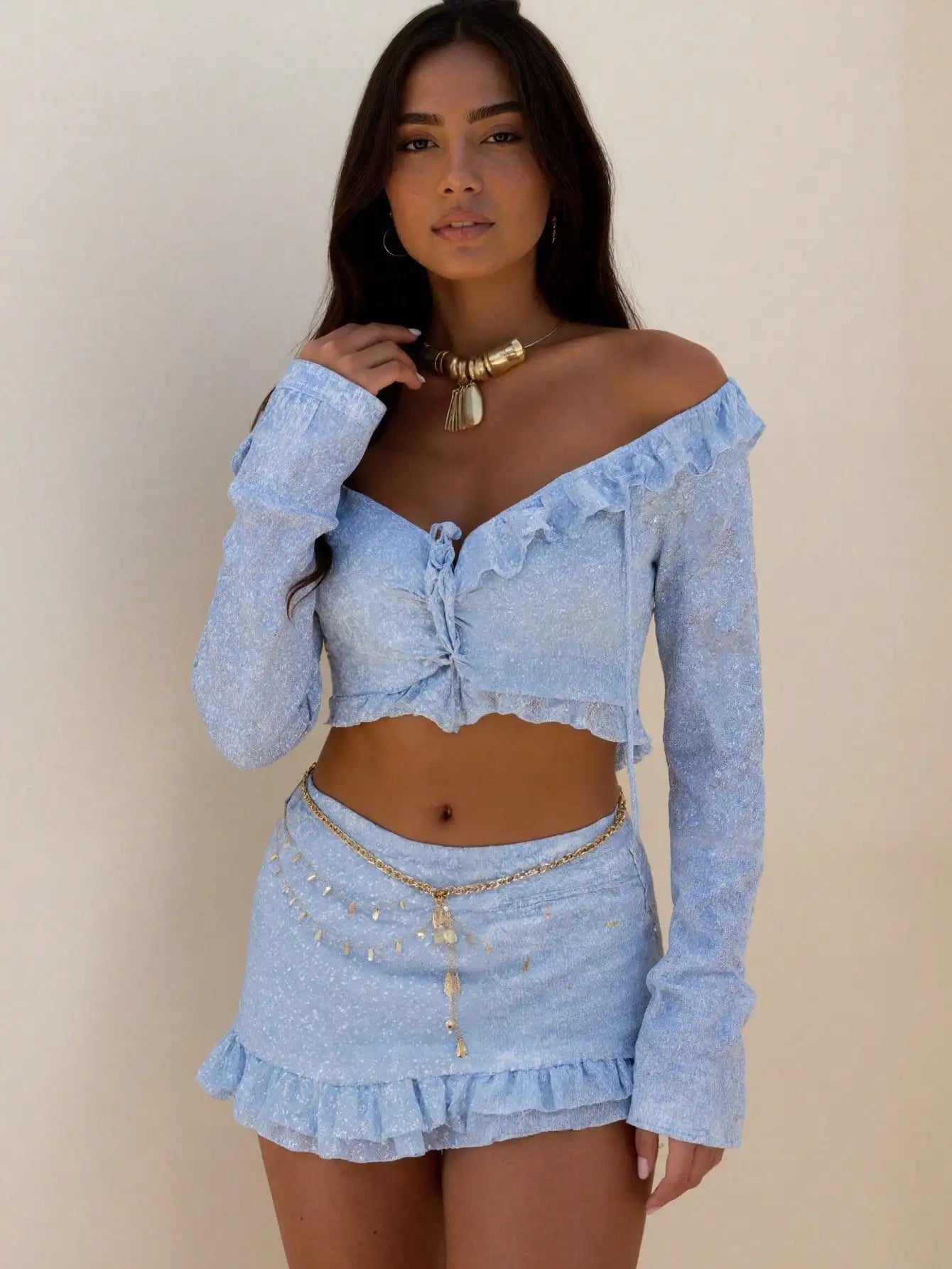 Women's Off Shoulder Ruffle Crop Top Skirt Two Piece Beach