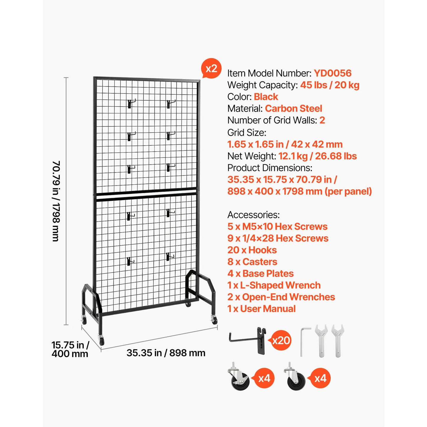 SucceBuy Grid Wall Panel Display Rack With Wheels Carbon Steel