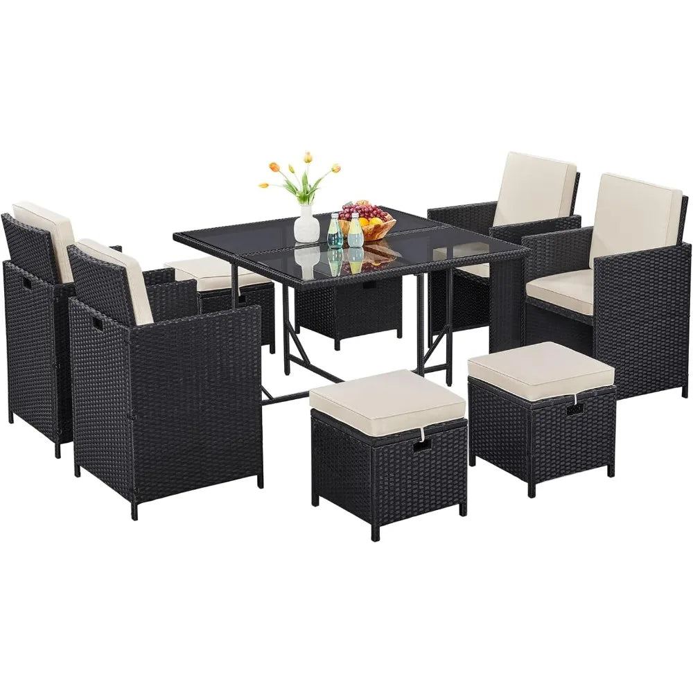 Outdoor Wicker Patio Dining Set With Glass Table And Ottomans