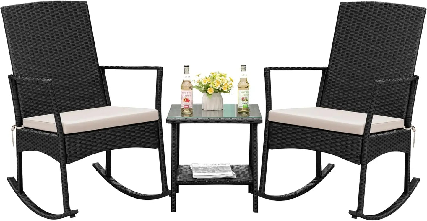 Flamaker Outdoor Rocking Chair Set Rattan Patio Chairs With Glass Table