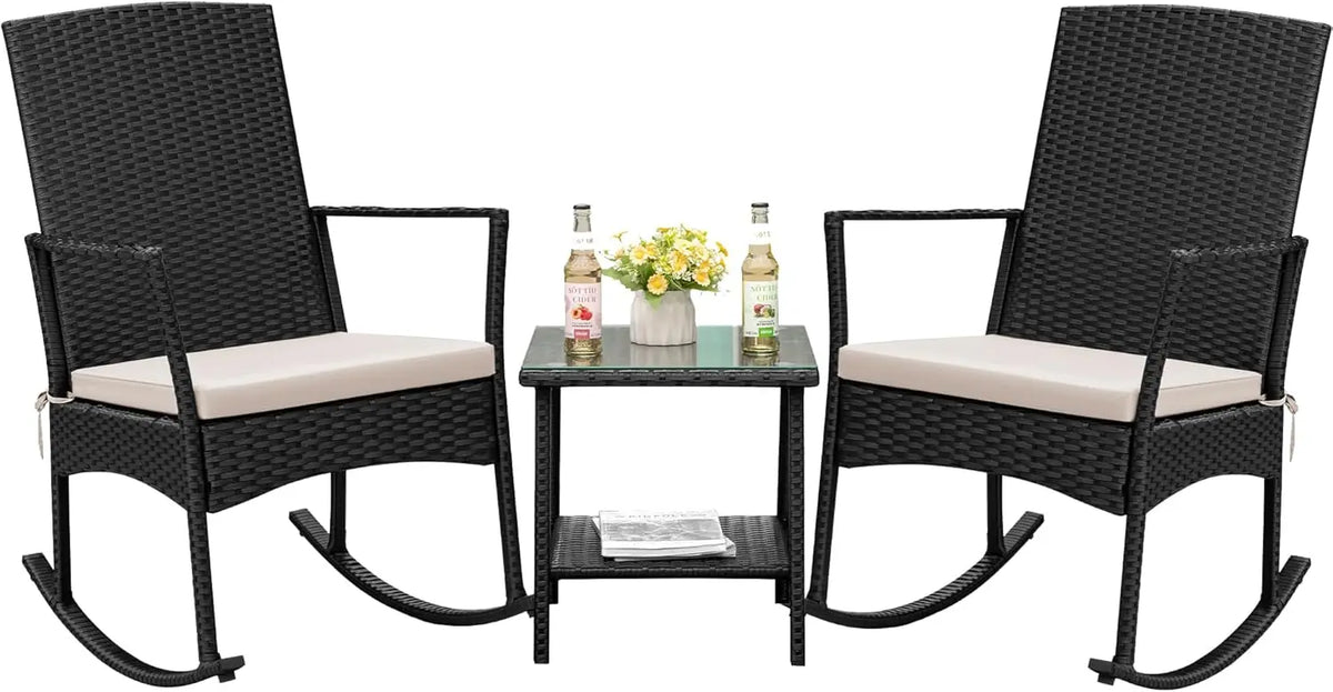 Flamaker Outdoor Rattan Rocking Chair Set With Glass Patio Table