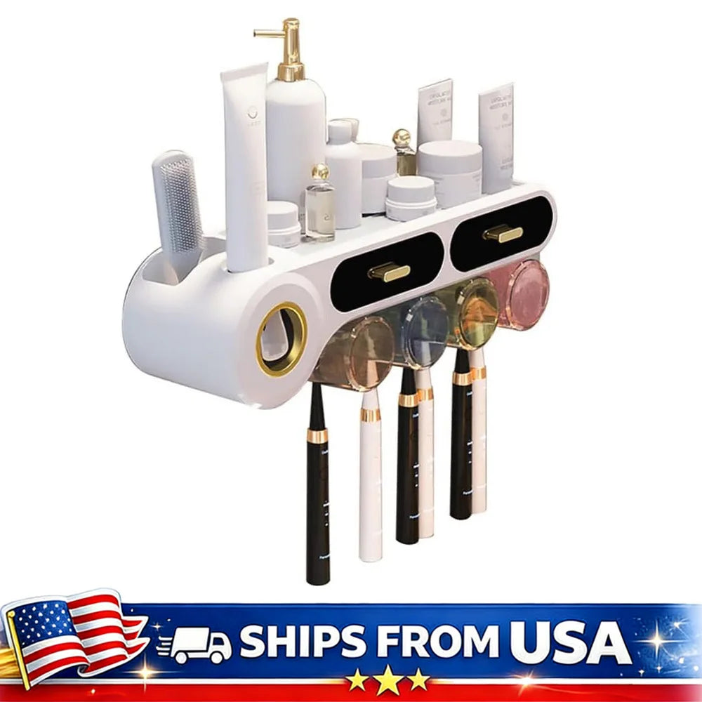 Toothbrush Holder With Automatic Toothpaste Dispenser And Drawer Storage