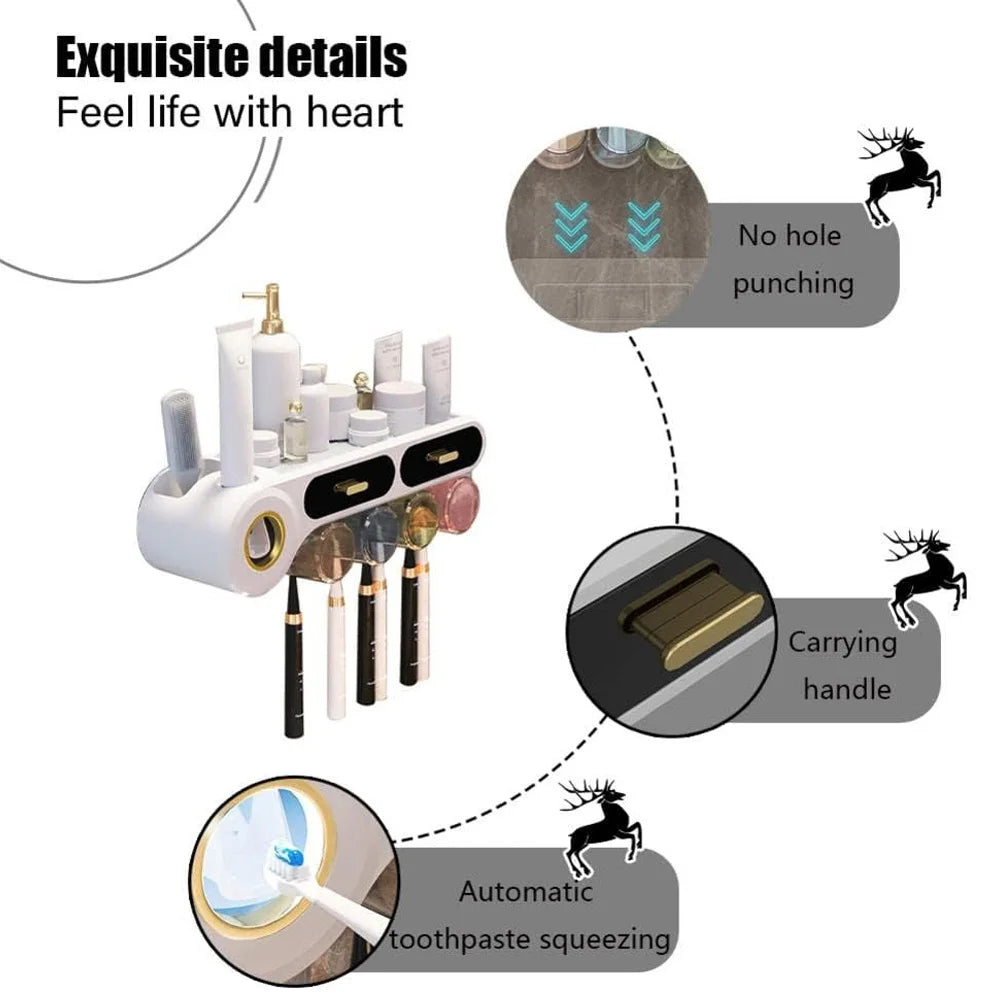 Toothbrush Holder With Automatic Toothpaste Dispenser And Drawer Storage