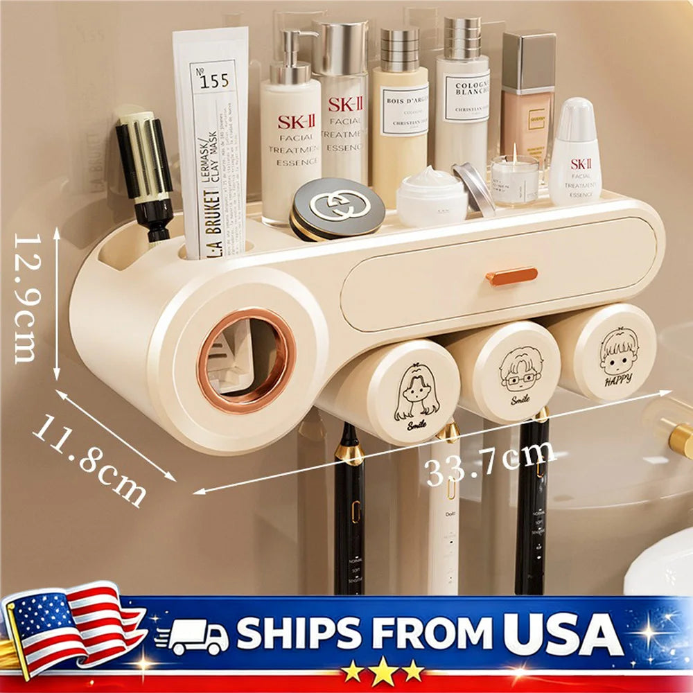 Toothbrush Holder With Automatic Toothpaste Dispenser And Drawer Storage