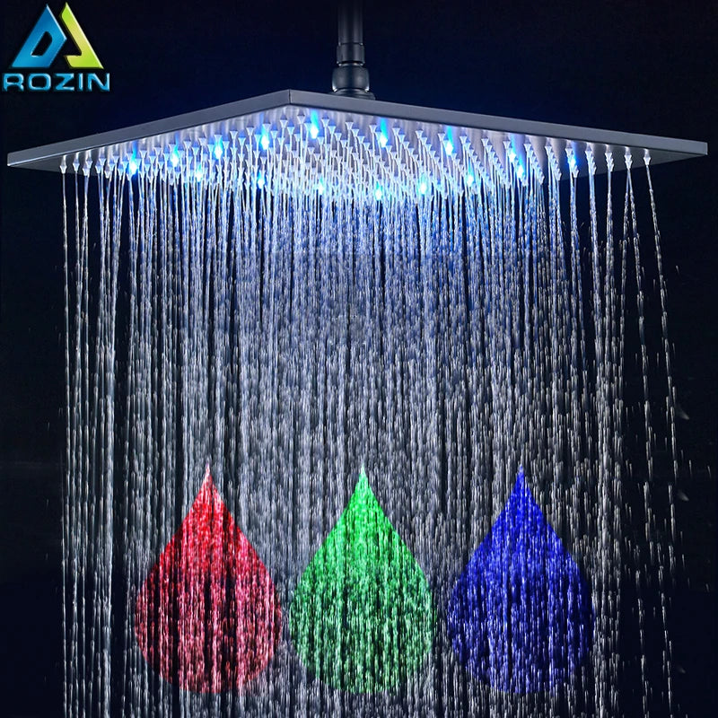 Rozin Rainfall Shower Head with LED Square Brass Wall Mounted