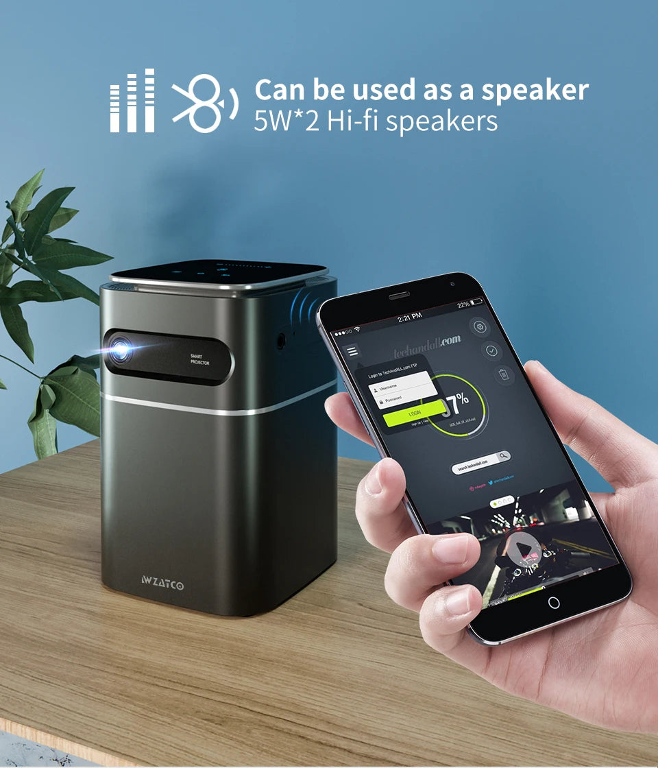 WZATCO A8 DLP Portable Projector Android 9.0 5G WiFi 1080P