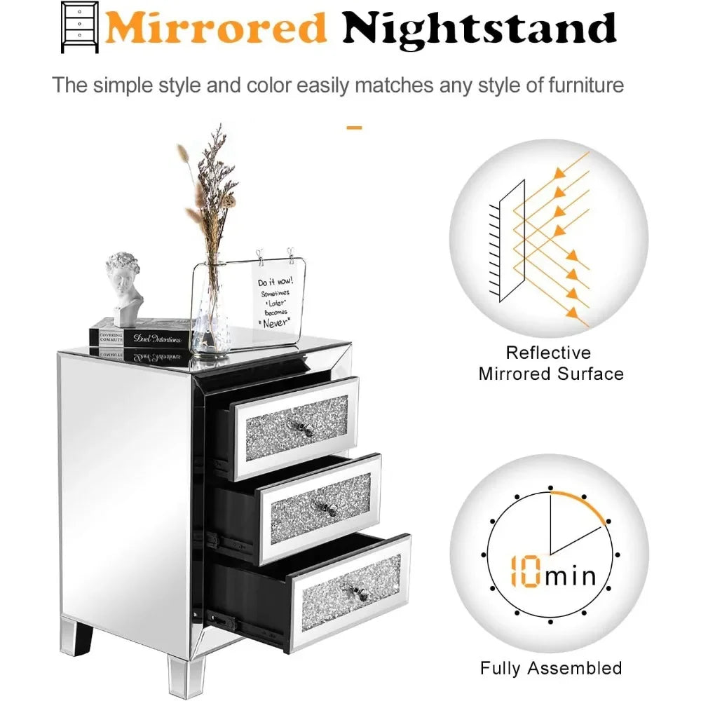 Mirrored Bedside Table Set of 2, Modern Glass Nightstands