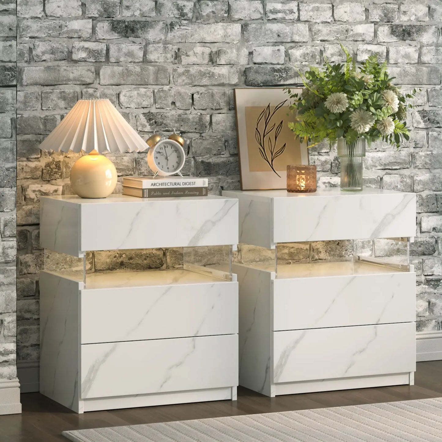 Cubehom Bedside Tables Set With LED Lighting For Bedroom