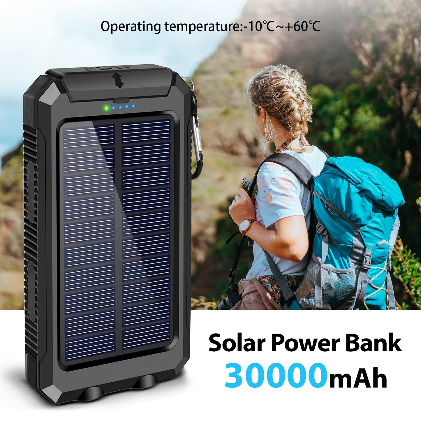 30000mAh Solar Power Bank With Dual USB Ports And LED Light For iPhone
