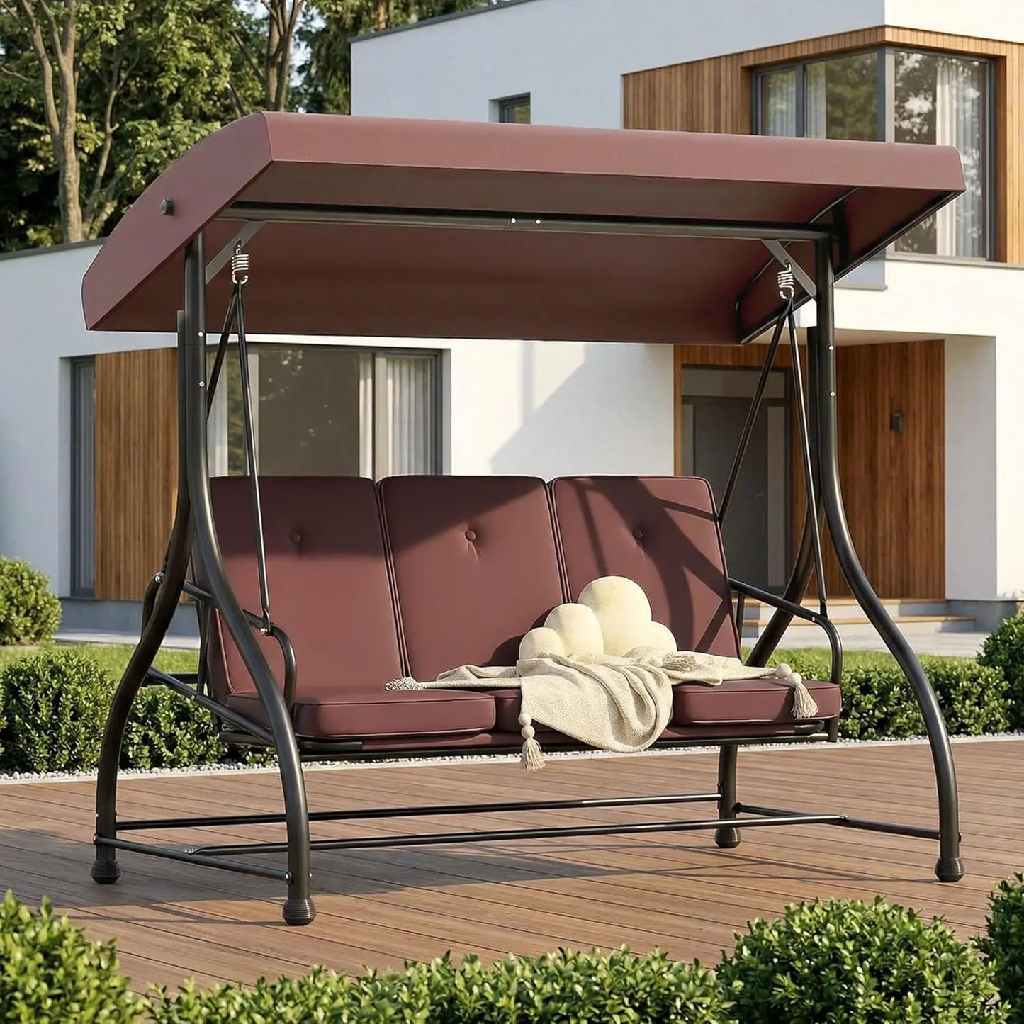 Outdoor Three Seat Patio Swing With Adjustable Canopy And Cushions