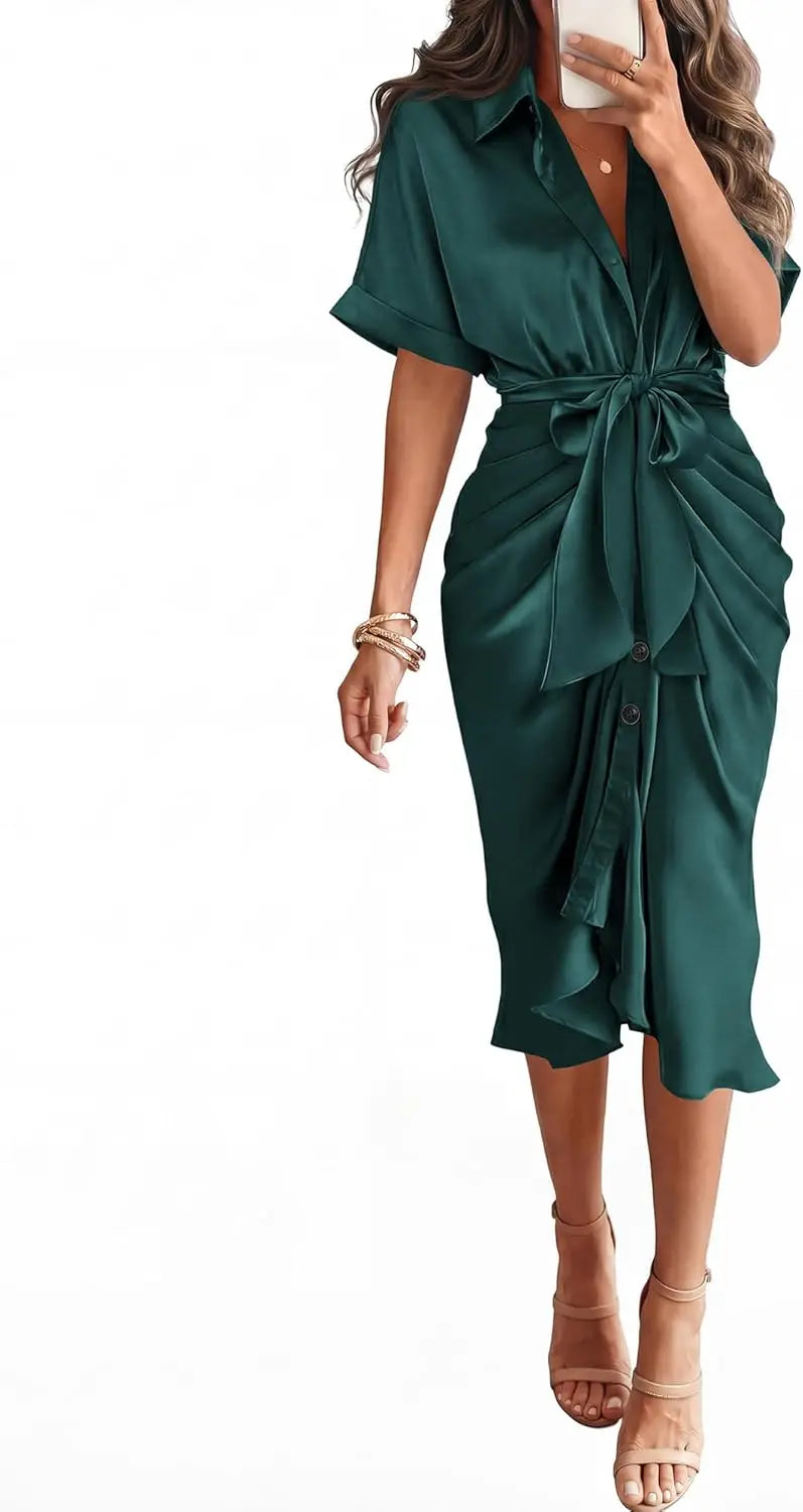 Elegant Women Summer Satin Midi Dress V Neck Short Sleeve
