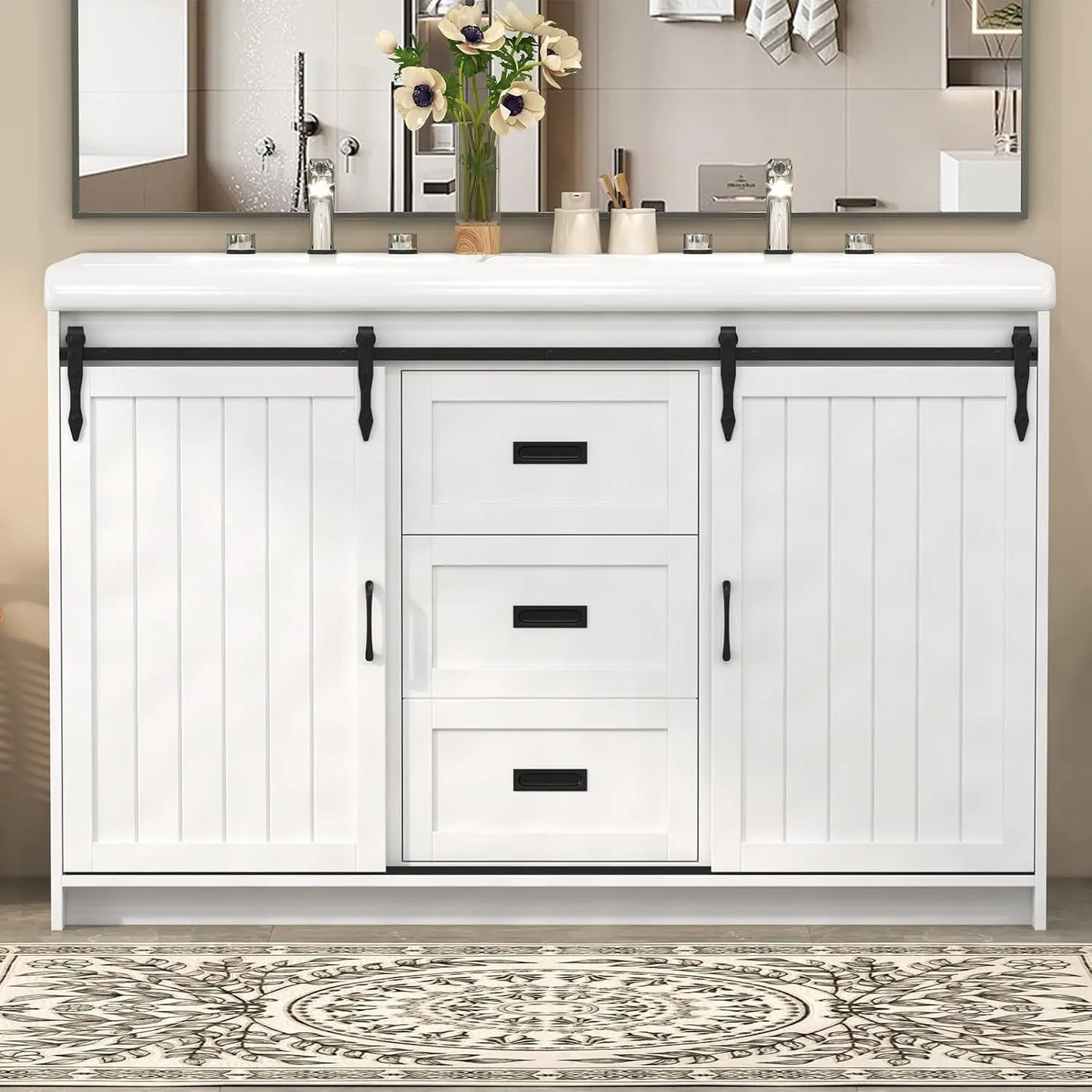 Double Sink Bathroom Vanity With Barn Sliding Doors Drawers