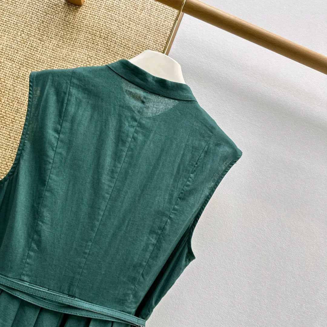Women Sleeveless Round Neck Button Linen Cotton Spring Summer Dress