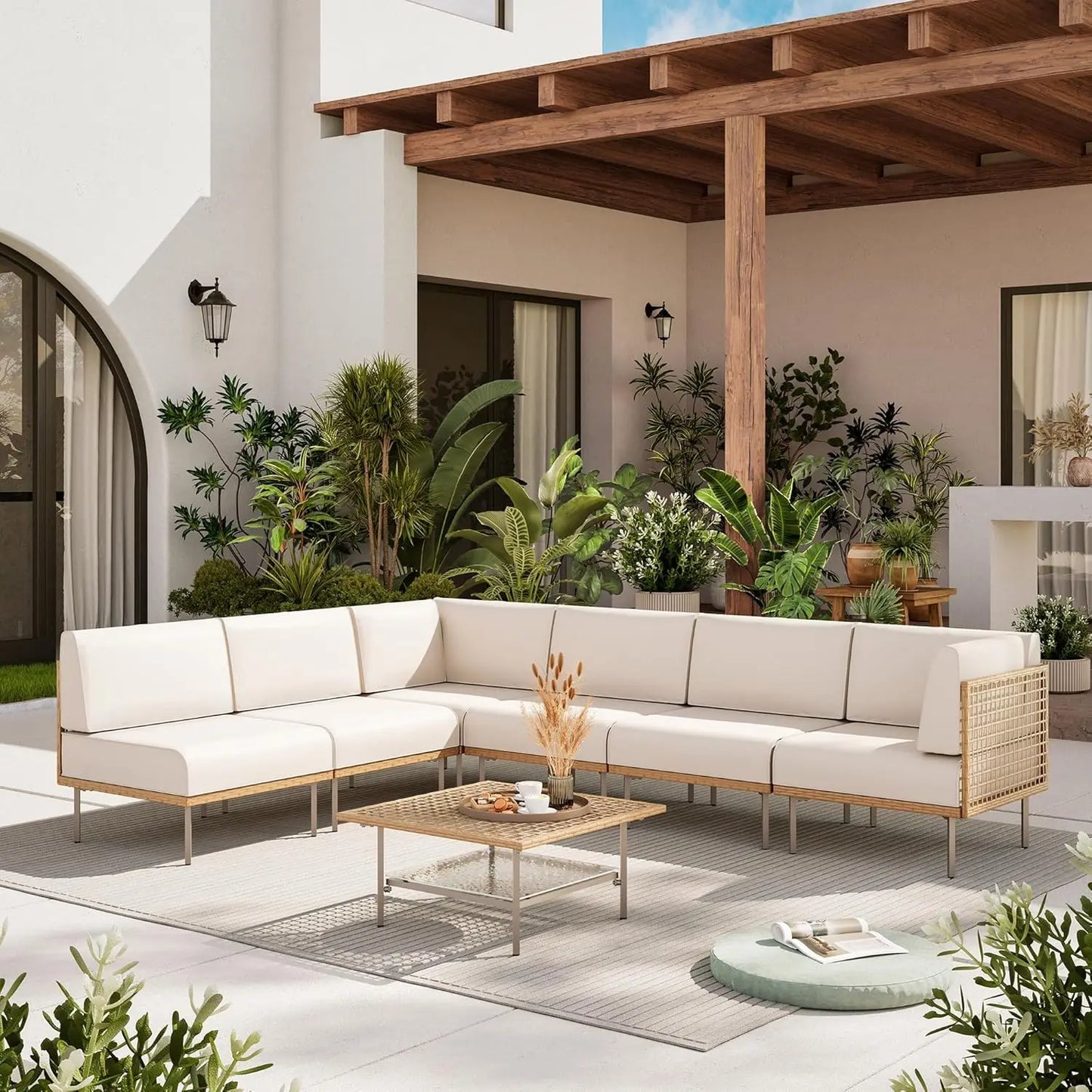 7 Piece Outdoor Patio Wicker Rattan Furniture Set for Garden Lounge