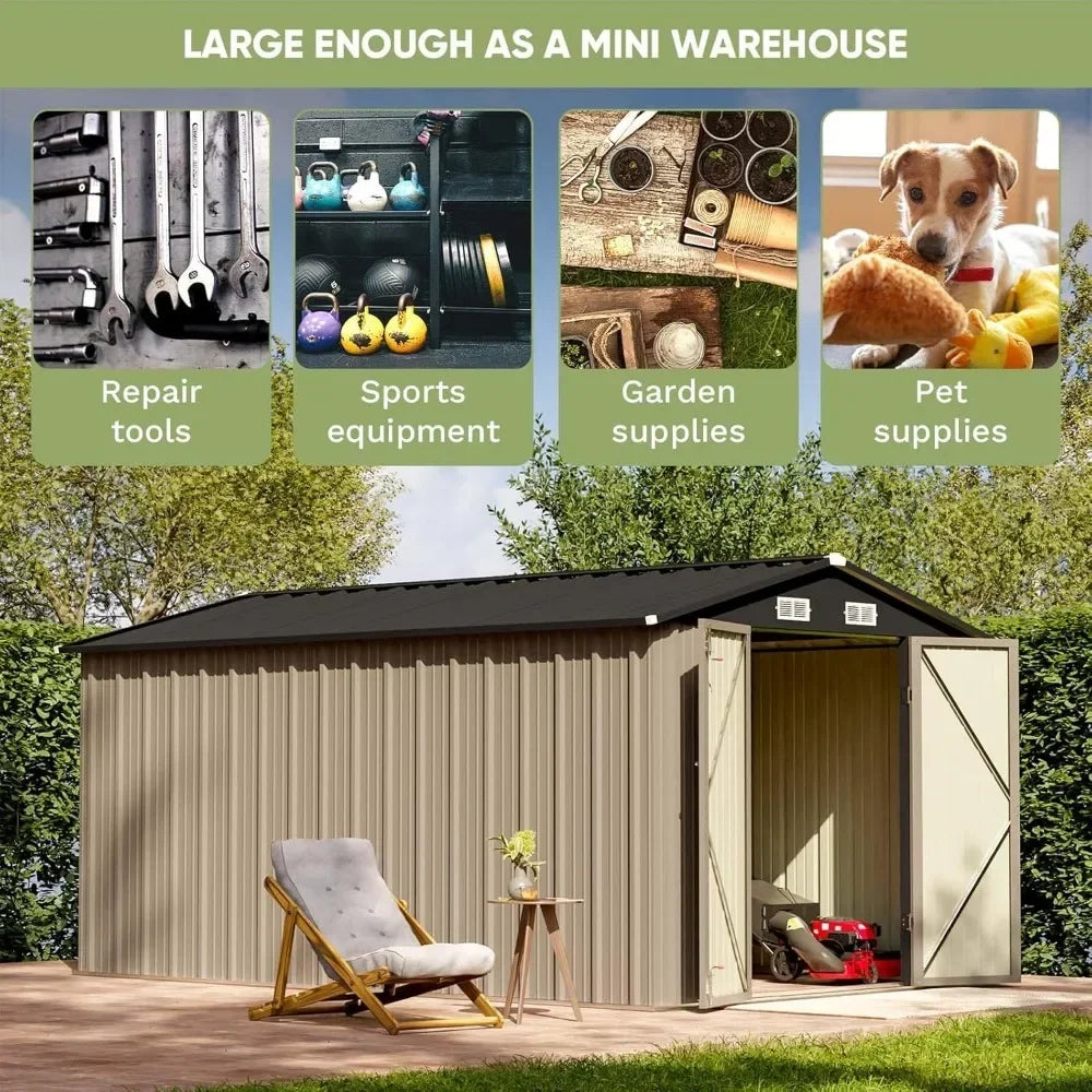 Outdoor Metal Storage Shed With Lockable Doors And Tool Storage