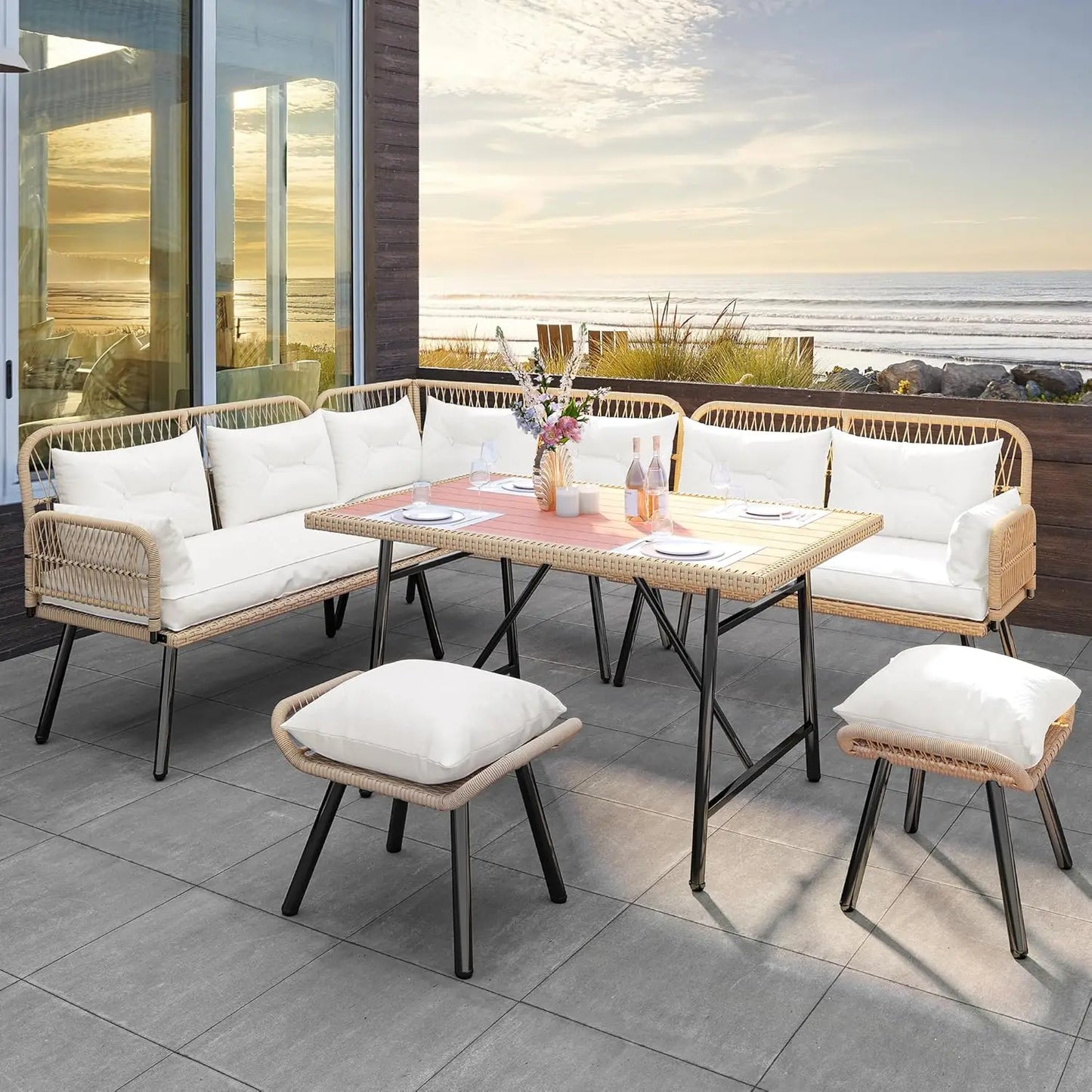 Otto Patio Wicker L-Shaped Outdoor All-Weather Furniture Set With Cushions
