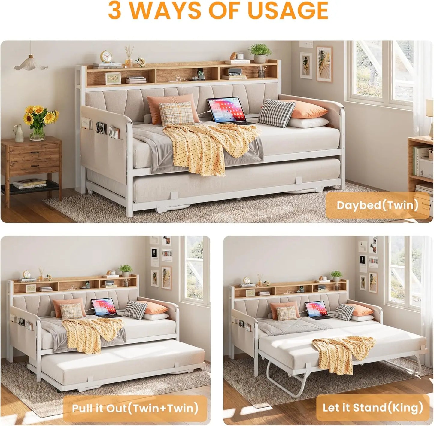 LIKIMIO Daybed Trundle Twin Bed Frame Upholstered Headboard And Charging