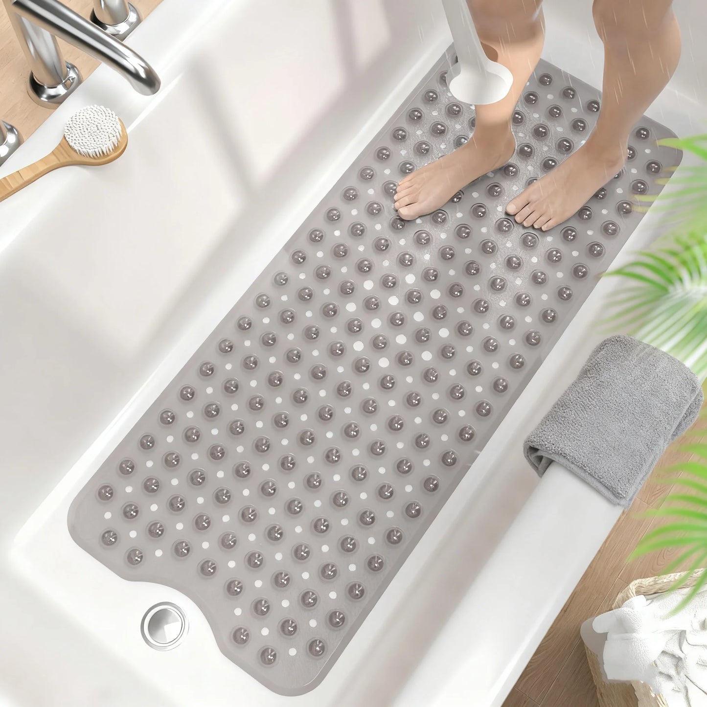 Extra Long Non Slip Bathtub Mat PVC With Suction Cups Drain Holes