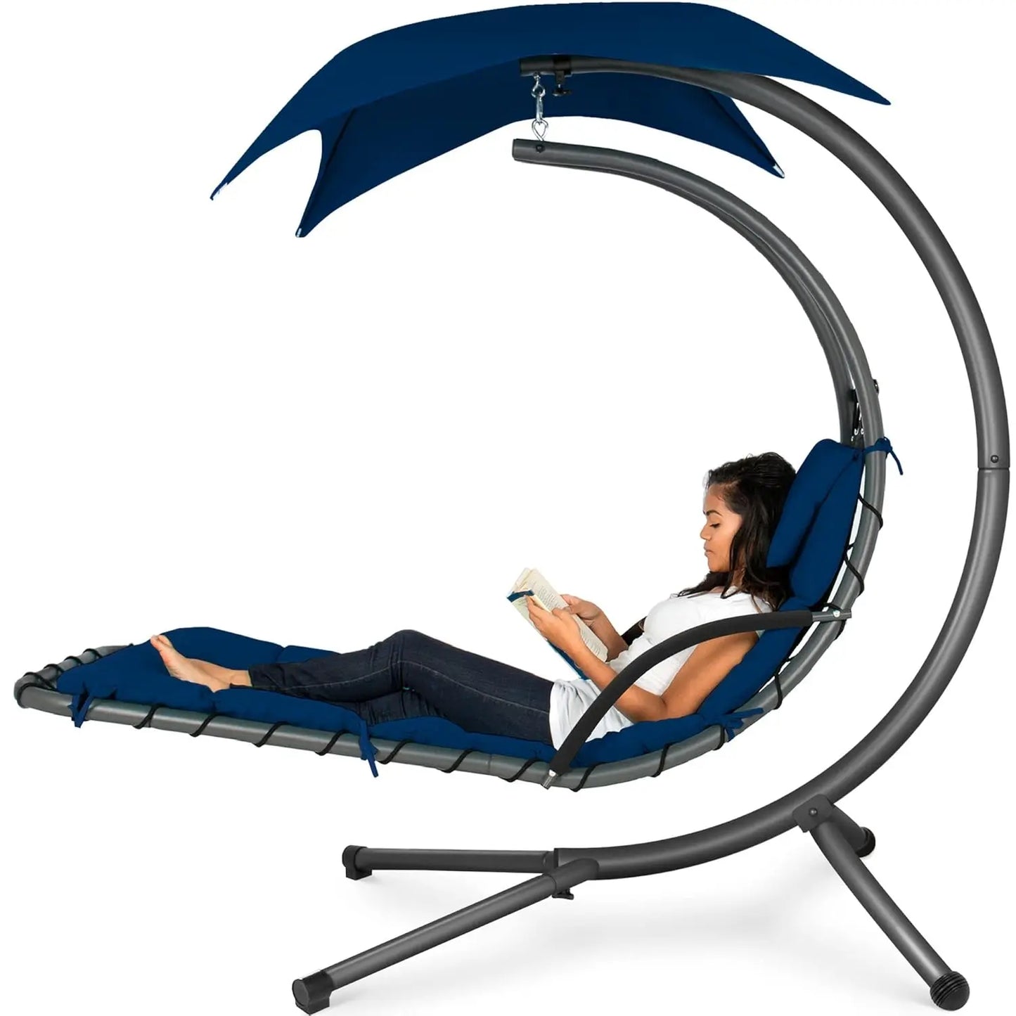 Curved Steel Outdoor Hanging Chaise Lounge With Built In Pillow And Canopy