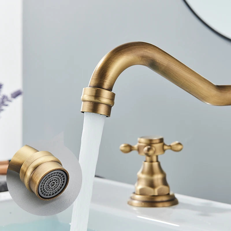Saeuwtowy Antique Brass Bathroom Faucet Three Hole Deck Mount