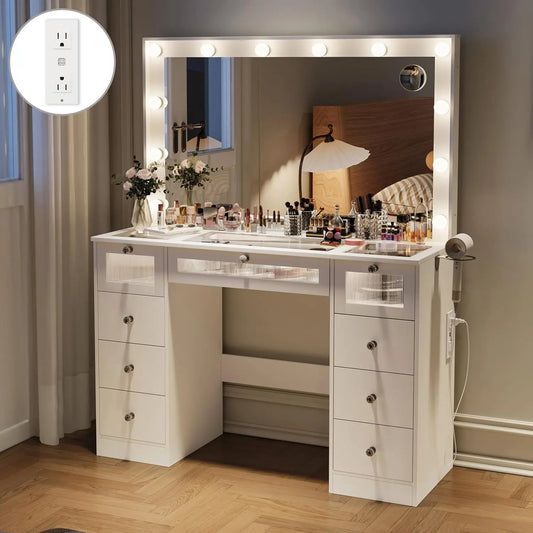 Makeup Vanity Desk With Lights And Large Mirror Glass Top With Charging Station