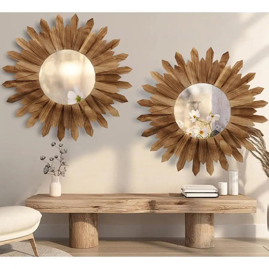 Boho Sunburst Wall Mirror Rustic Wood Decor Two Pack