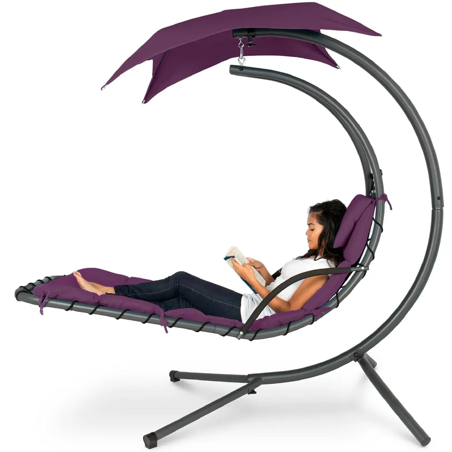 Curved Steel Outdoor Hanging Chaise Lounge With Built In Pillow