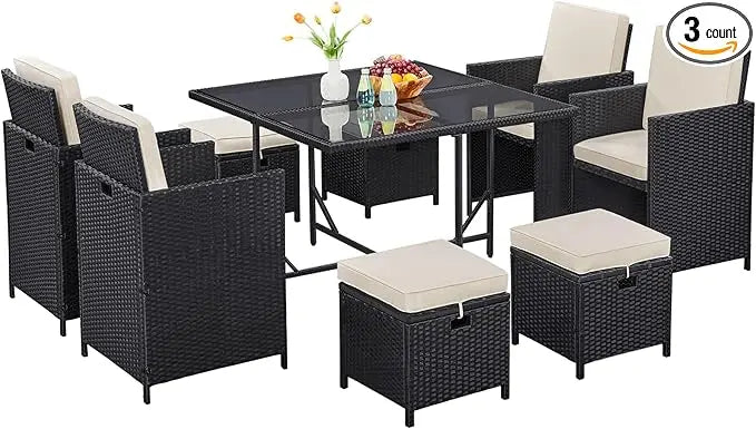 Outdoor Wicker Patio Dining Set With Glass Table And Ottomans