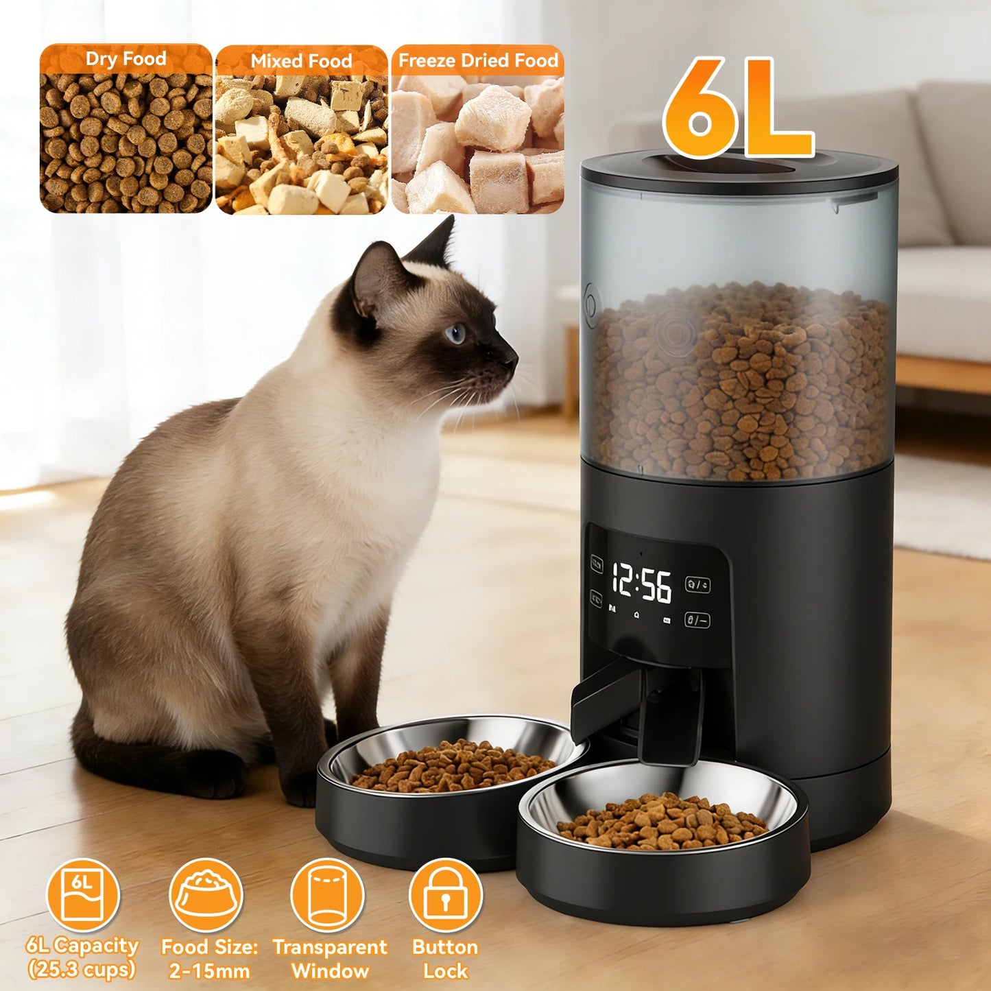JHK Automatic Cat Feeder With Two Stainless Bowls And Timed Dispenser