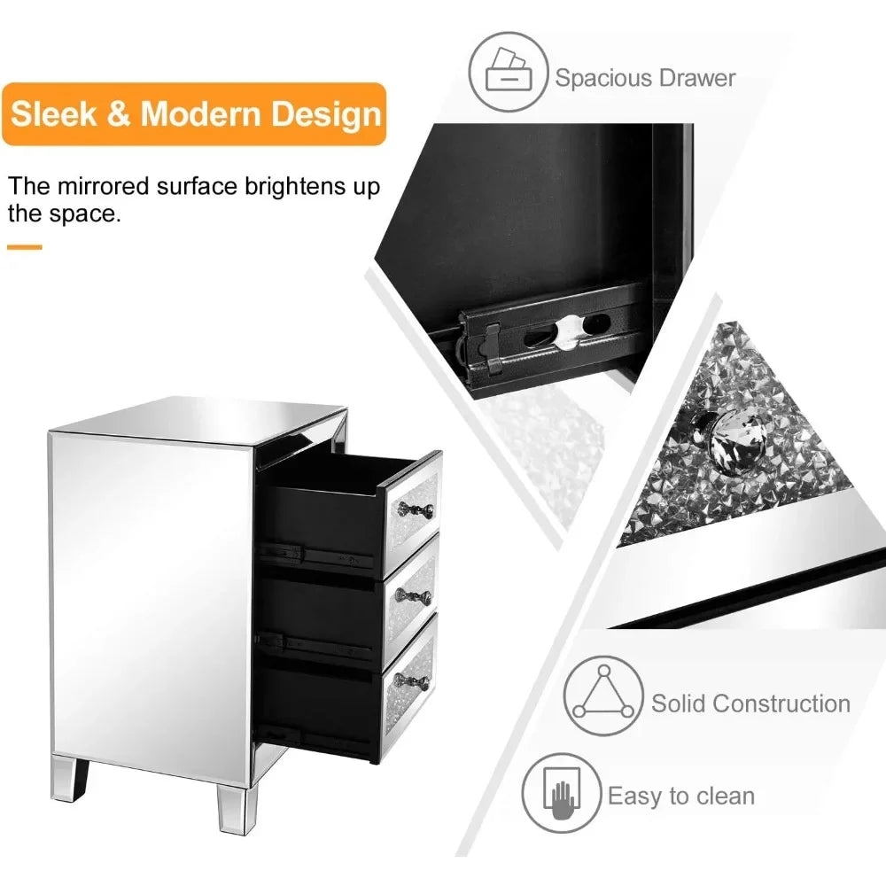 Mirrored Bedside Table Set of 2, Modern Glass Nightstands