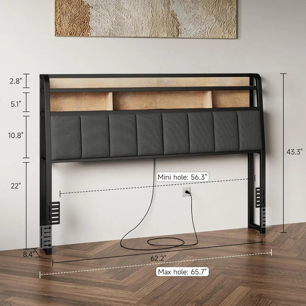 Queen Upholstered Headboard With Led Lights And Charging Station