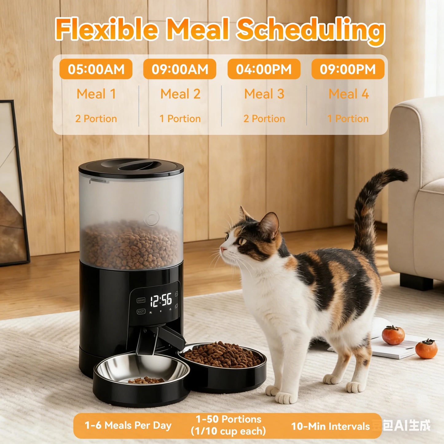 JHK Automatic Cat Feeder With Two Stainless Bowls And Timed Dispenser
