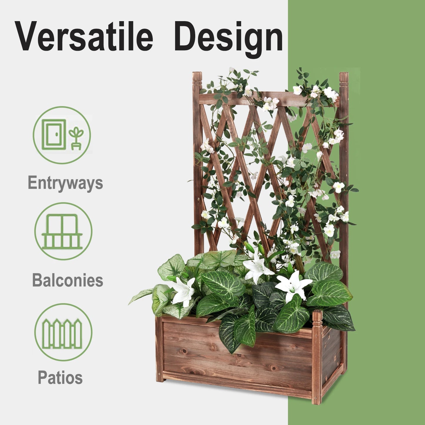 Elevated Wooden Garden Planter Box With Integrated Trellis